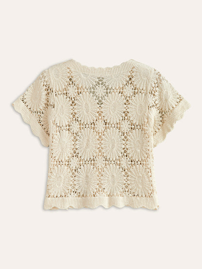 Knit Floral Fitted Short Sleeve Top for Women