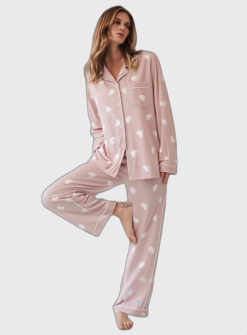 Heart Print Full-Length Long Sleeve Top for Women