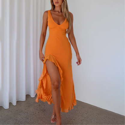 Flowing Full-Length Maxi Dress with V-Neck for Women