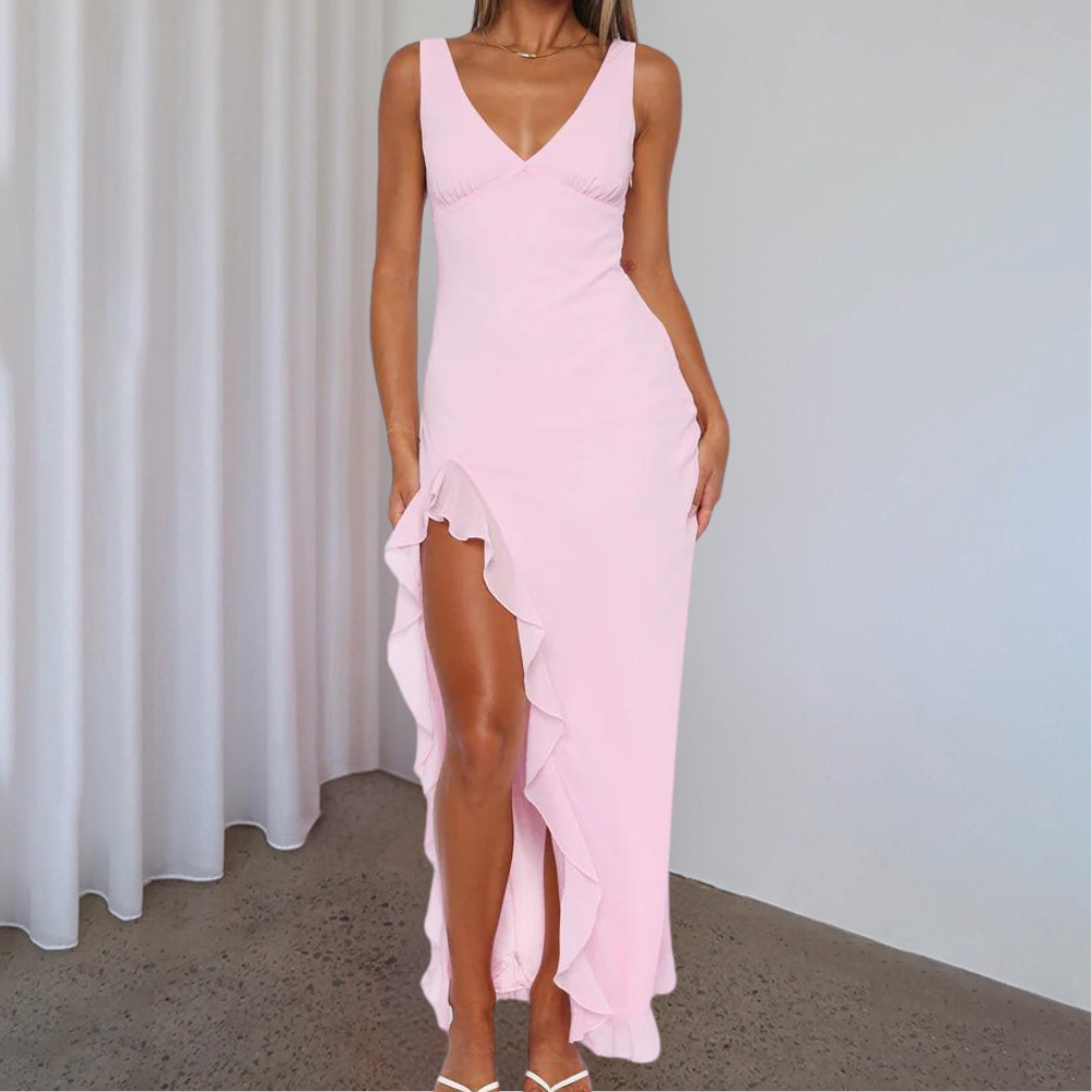 Flowing Full-Length Maxi Dress with V-Neck for Women
