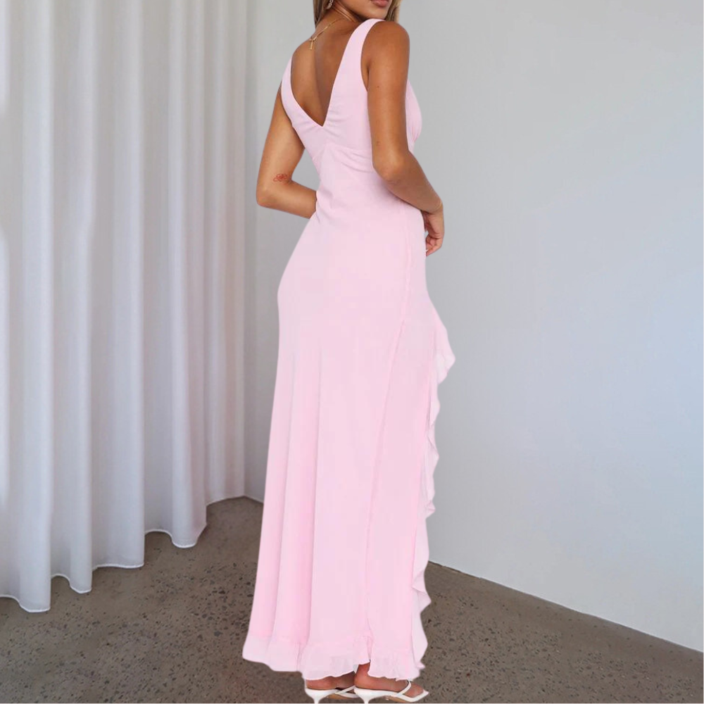 Flowing Full-Length Maxi Dress with V-Neck for Women