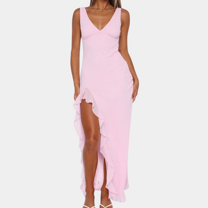 Flowing Full-Length Maxi Dress with V-Neck for Women
