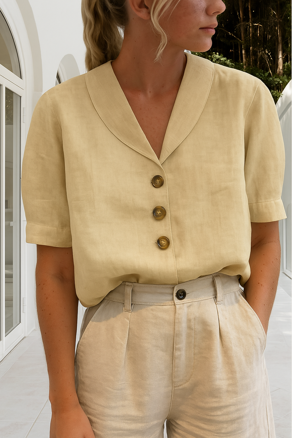 Linen Blouse with Shawl Collar and Button Front for women