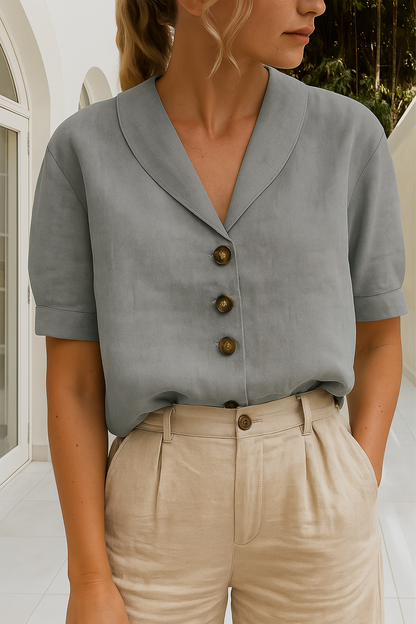 Linen Blouse with Shawl Collar and Button Front for women