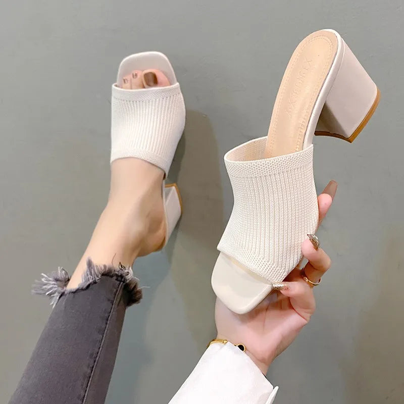 Heeled Mules Open Toe Slip-On Shoes for Women