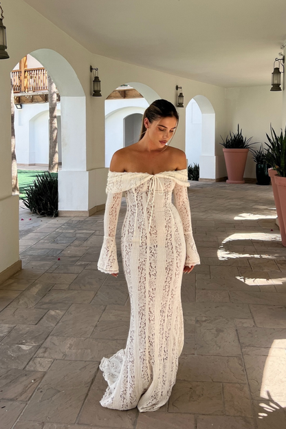 Lace Fitted Full-Length Maxi Dress with Off-Shoulder for Women