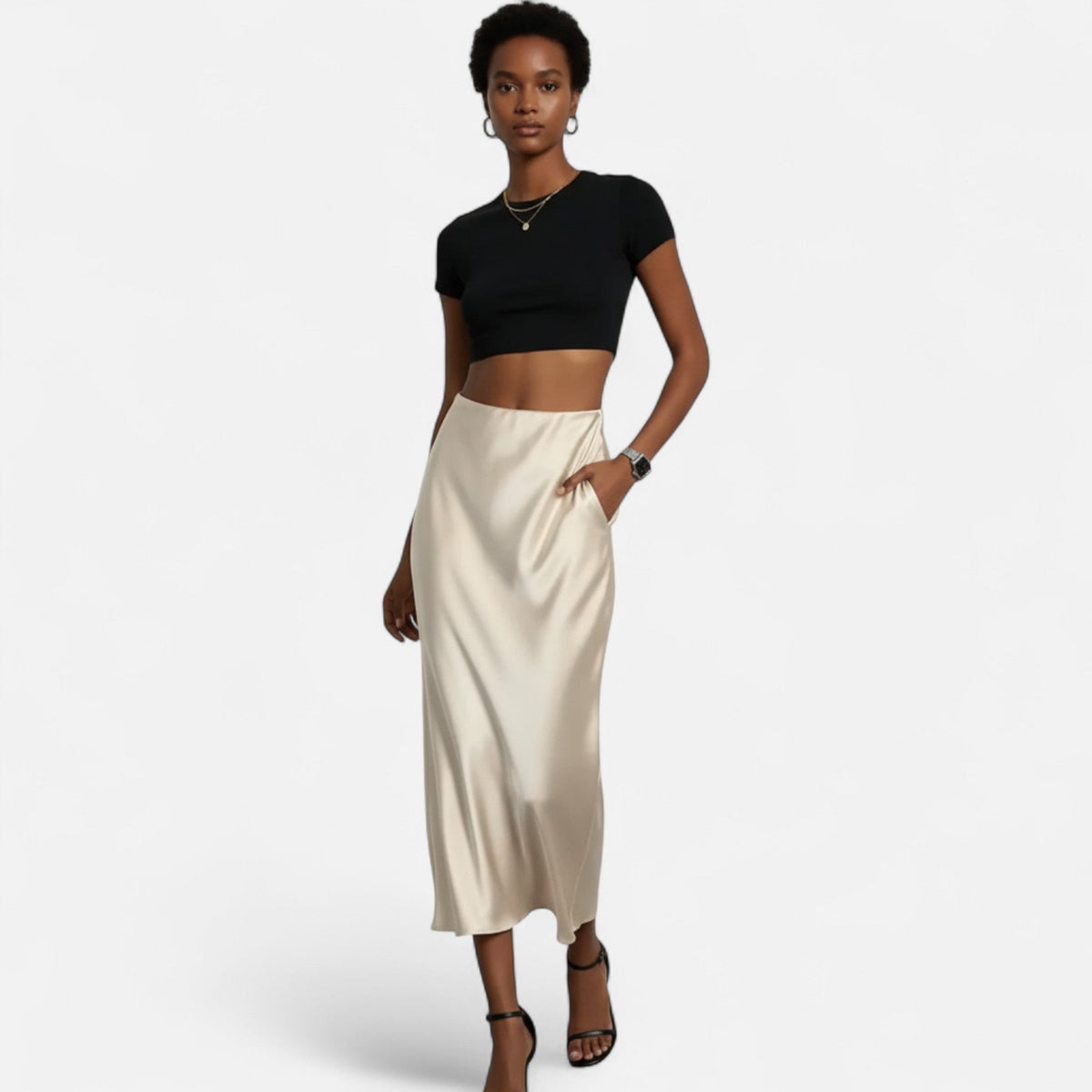 Satin Midi Skirt High Waist for women