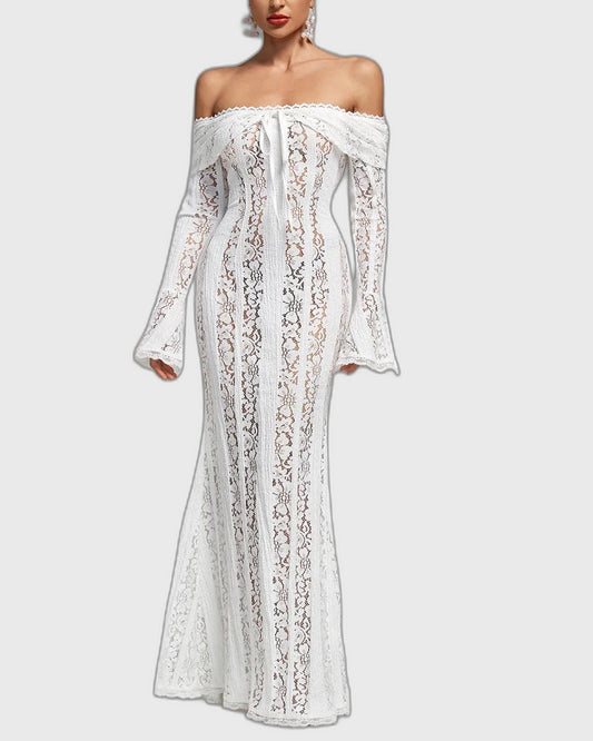 Lace Fitted Full-Length Maxi Dress with Off-Shoulder for Women