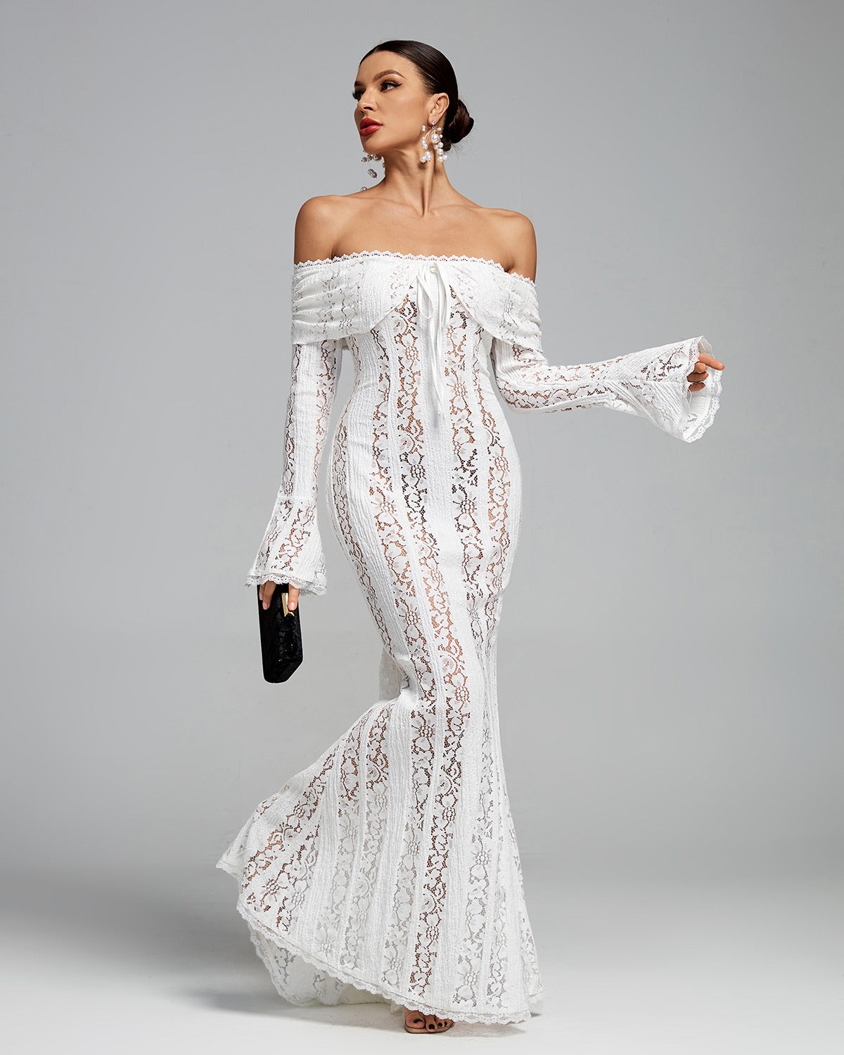 Lace Fitted Full-Length Maxi Dress with Off-Shoulder for Women