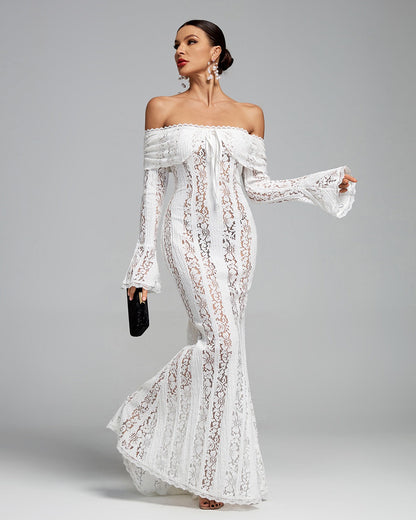 Lace Fitted Full-Length Maxi Dress with Off-Shoulder for Women