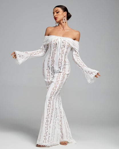 Lace Fitted Full-Length Maxi Dress with Off-Shoulder for Women