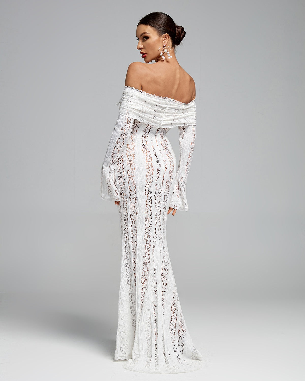 Lace Fitted Full-Length Maxi Dress with Off-Shoulder for Women
