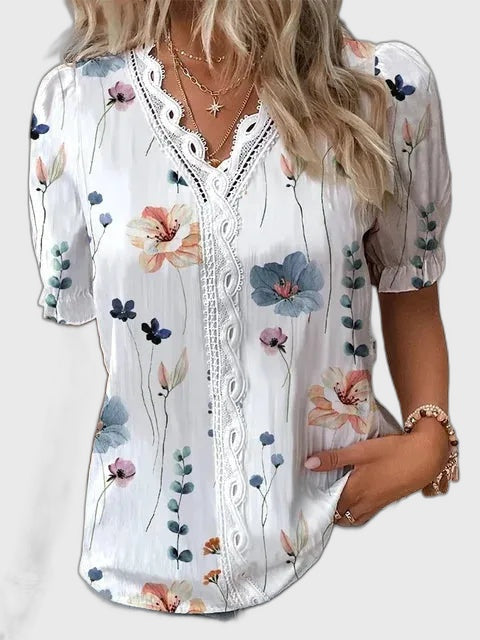Floral Lace Trim Short Sleeve Blouse for Women