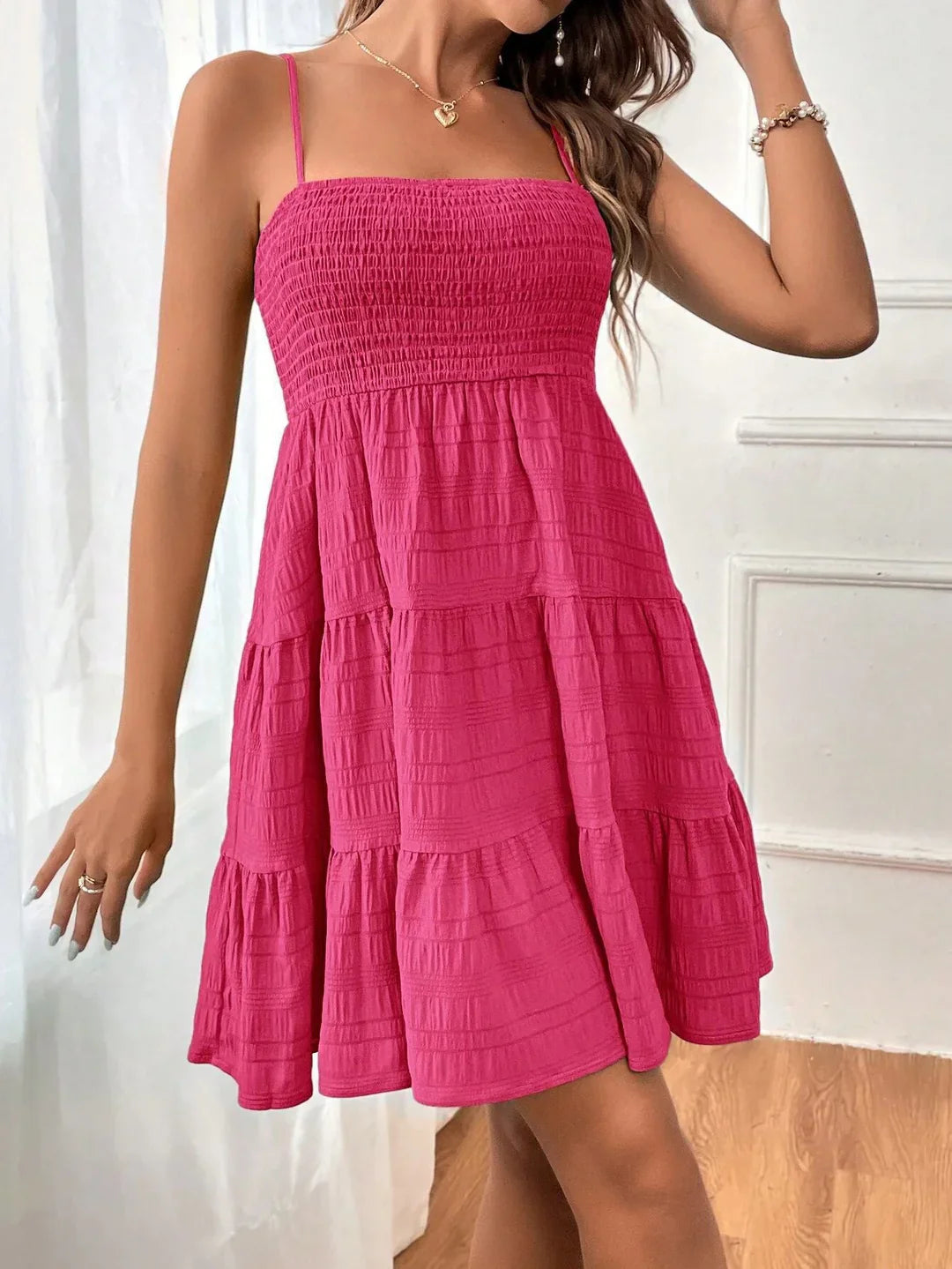 Pleated Short Sleeve Mini Dress for Women