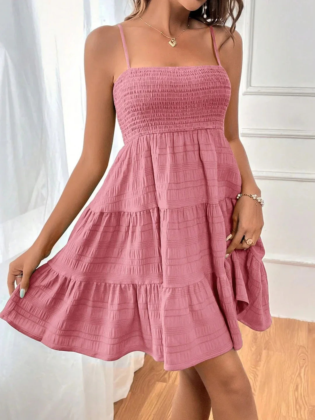 Pleated Short Sleeve Mini Dress for Women