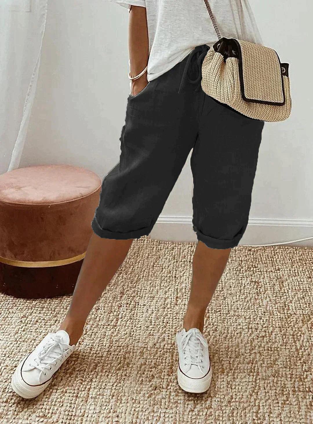 Linen Loose Fit Cropped Trousers for Women