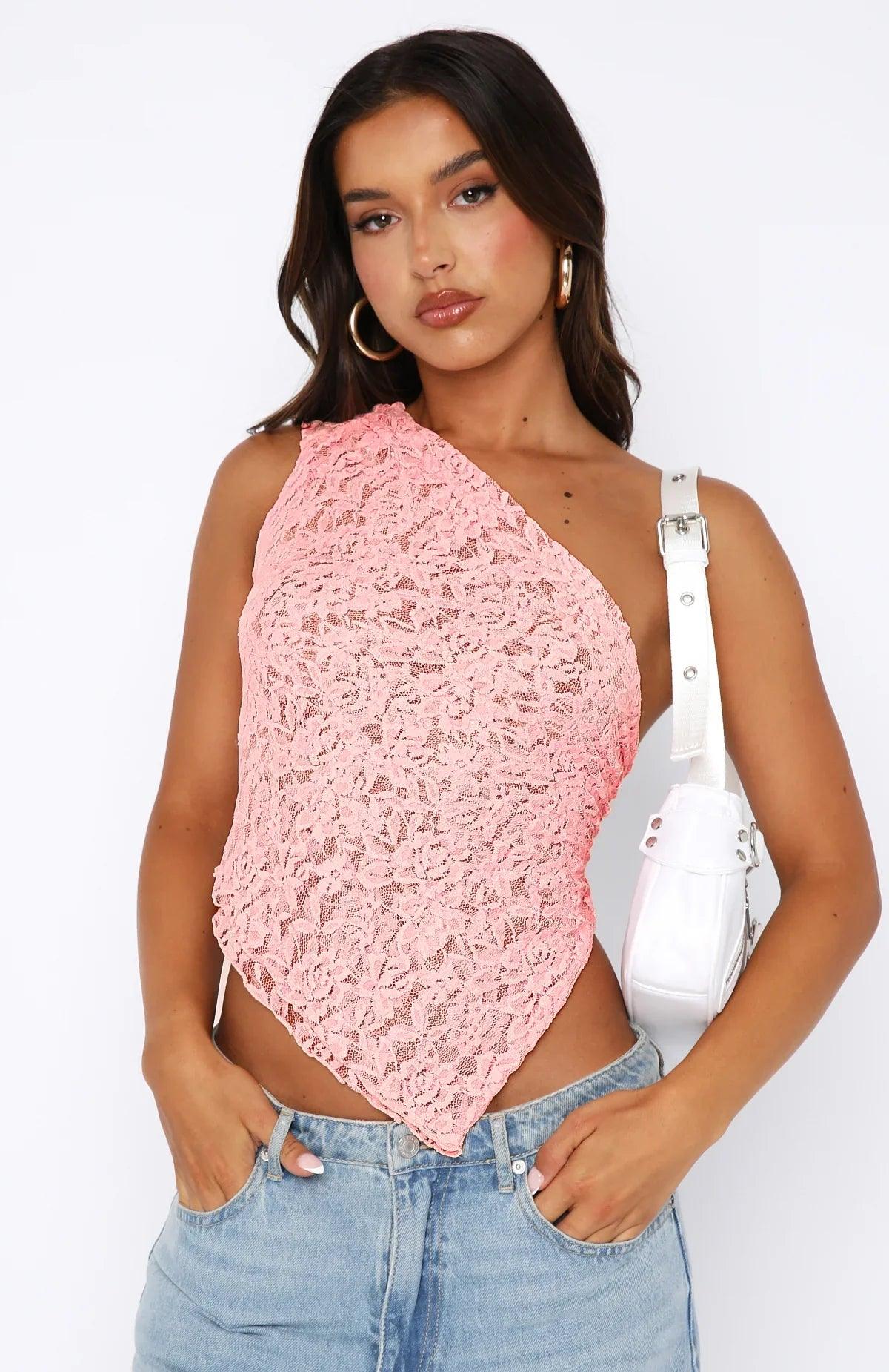 Open Back Fitted One-Shoulder Top with Lace and Asymmetric for Women