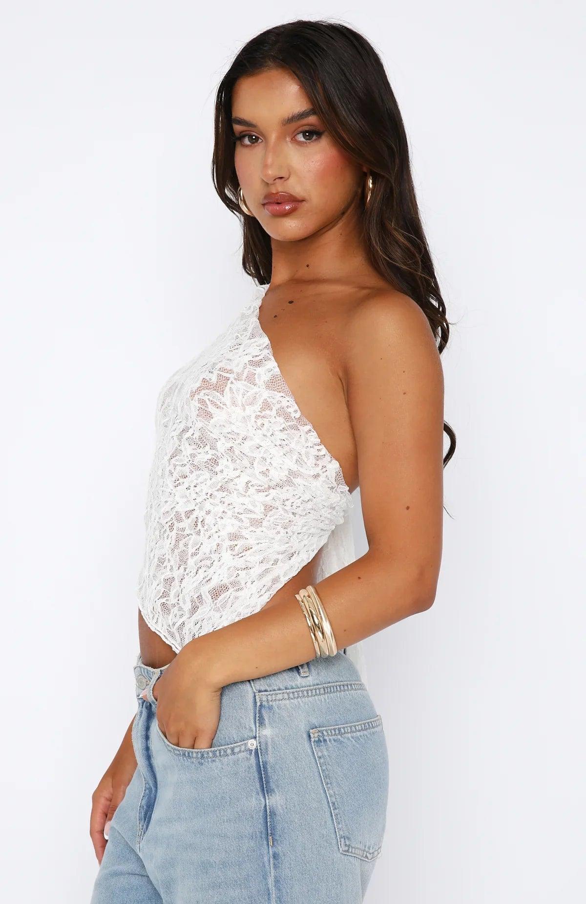 Open Back Fitted One-Shoulder Top with Lace and Asymmetric for Women