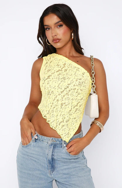 Open Back Fitted One-Shoulder Top with Lace and Asymmetric for Women