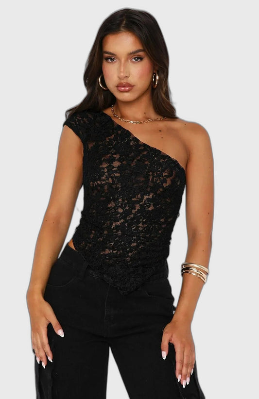 Open Back Fitted One-Shoulder Top with Lace and Asymmetric for Women