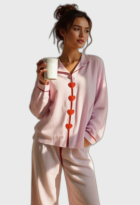 Heart Print Full-Length Two Piece Set with Long Sleeve for Women