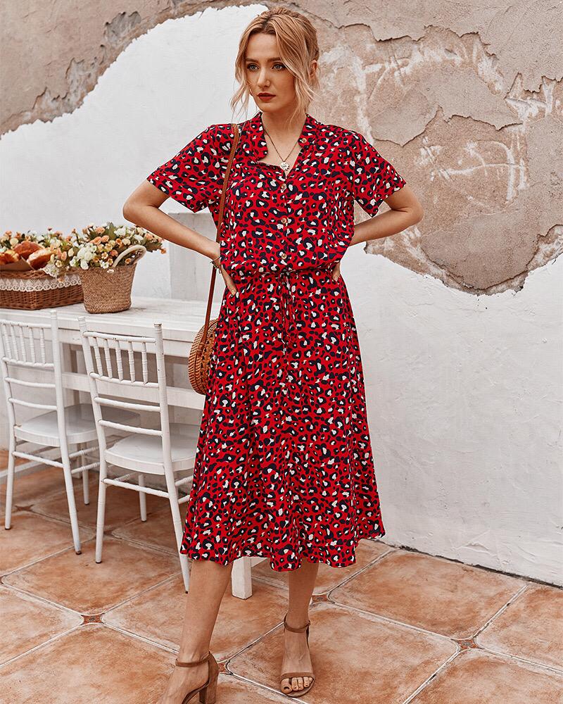 Leopard Flowing Short Sleeve Midi Dress for Women