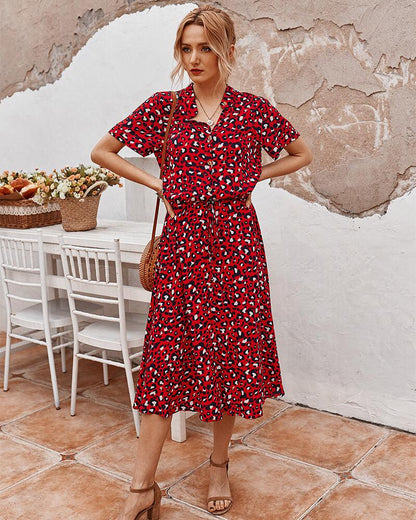 Leopard Flowing Short Sleeve Midi Dress for Women