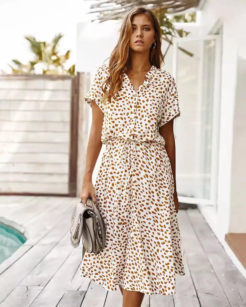 Leopard Flowing Short Sleeve Midi Dress for Women