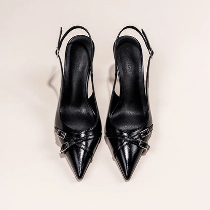 Black Kitten Heels with Pointed Toe and Ankle Strap for Women