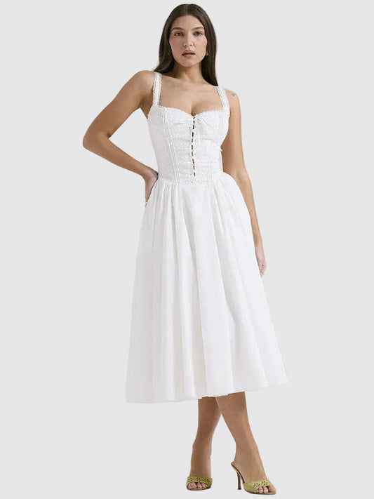 White Linen Midi Dress Lightweight Summer Dress for Women