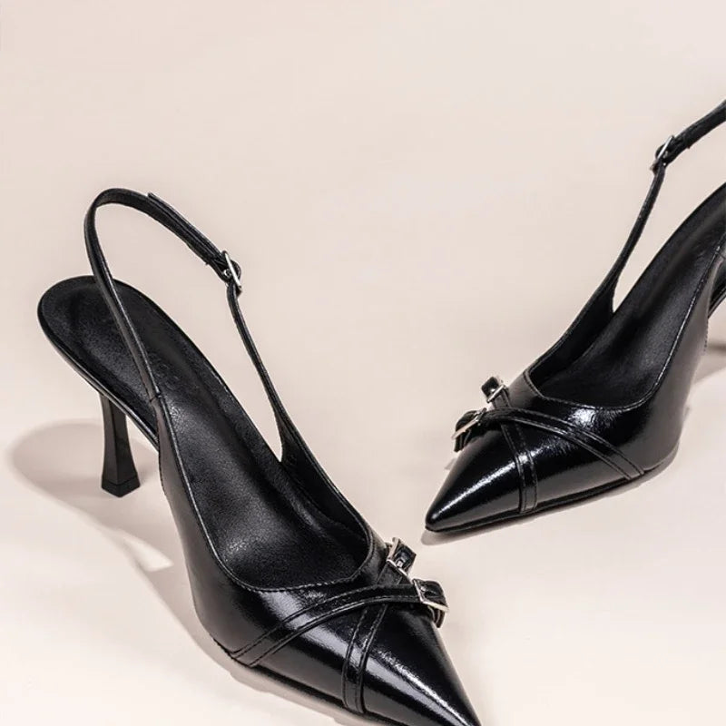Black Kitten Heels with Pointed Toe and Ankle Strap for Women