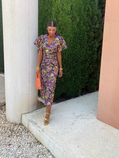 Puff Sleeve Midi Dress with Gathered for Women