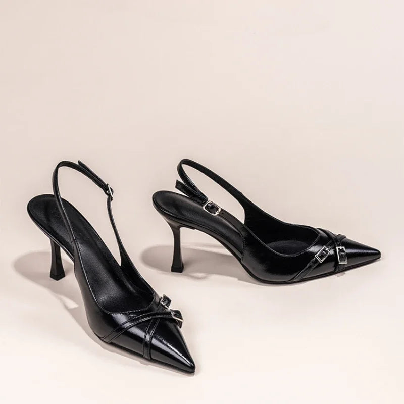 Black Kitten Heels with Pointed Toe and Ankle Strap for Women