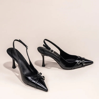 Black Kitten Heels with Pointed Toe and Ankle Strap for Women