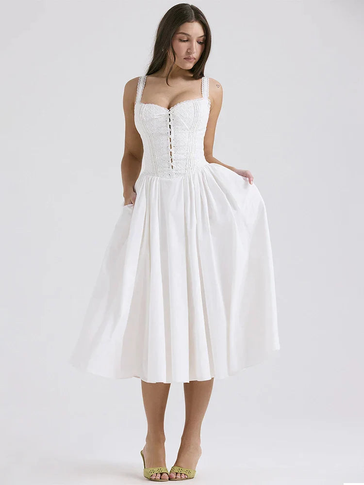 White Linen Midi Dress Lightweight Summer Dress for Women