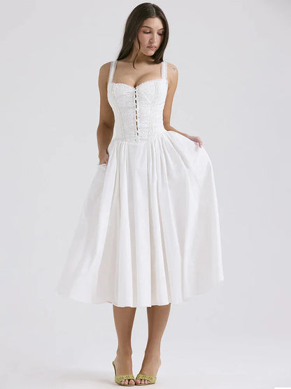 White Linen Midi Dress Lightweight Summer Dress for Women
