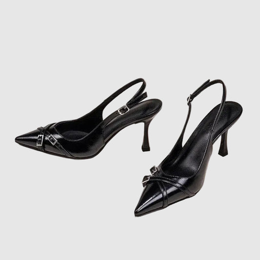 Black Kitten Heels with Pointed Toe and Ankle Strap for Women