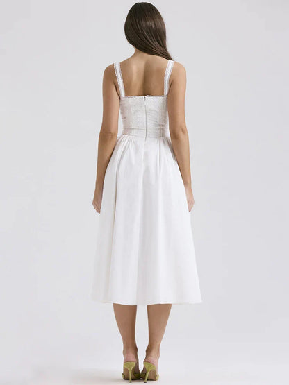 White Linen Midi Dress Lightweight Summer Dress for Women