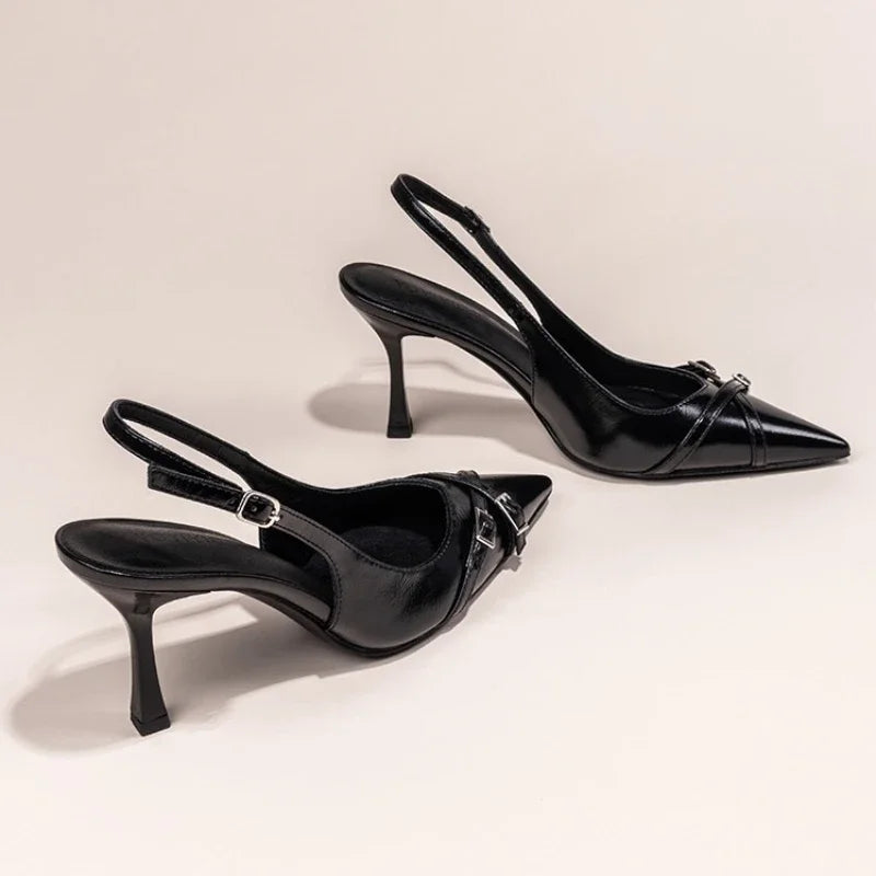 Black Kitten Heels with Pointed Toe and Ankle Strap for Women