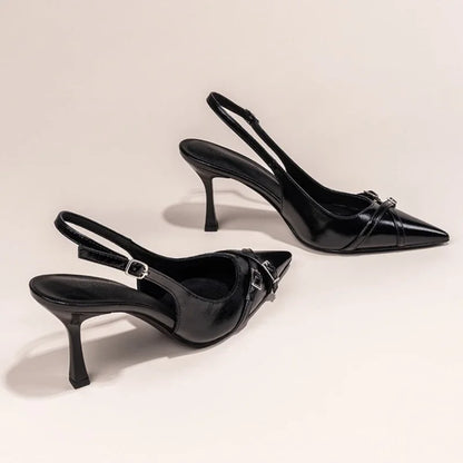 Black Kitten Heels with Pointed Toe and Ankle Strap for Women