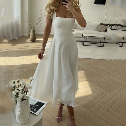 Fitted Flared Square Neck Midi Dress for Women