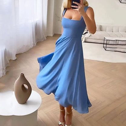 Fitted Flared Square Neck Midi Dress for Women