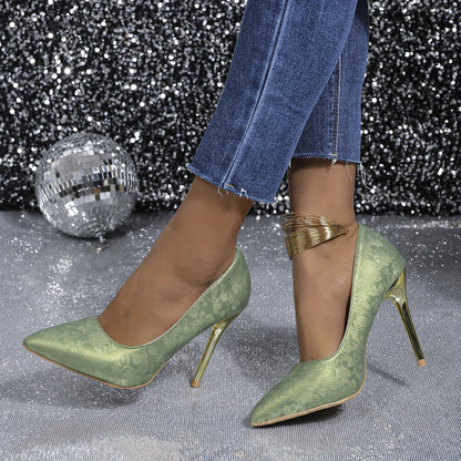 Satin Court Shoes with Gold Block Heel for Women