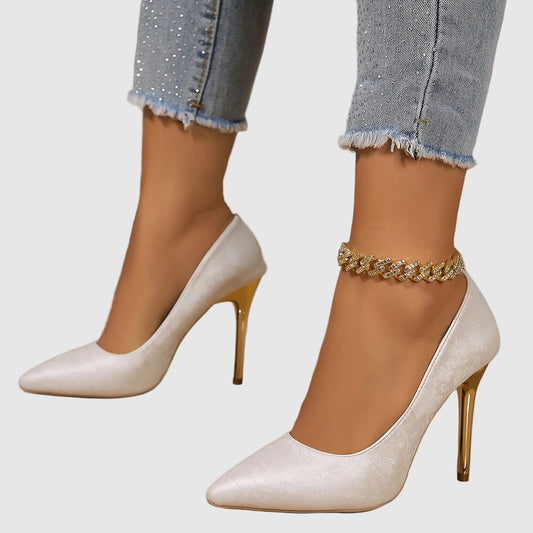 Satin Court Shoes with Gold Block Heel for Women
