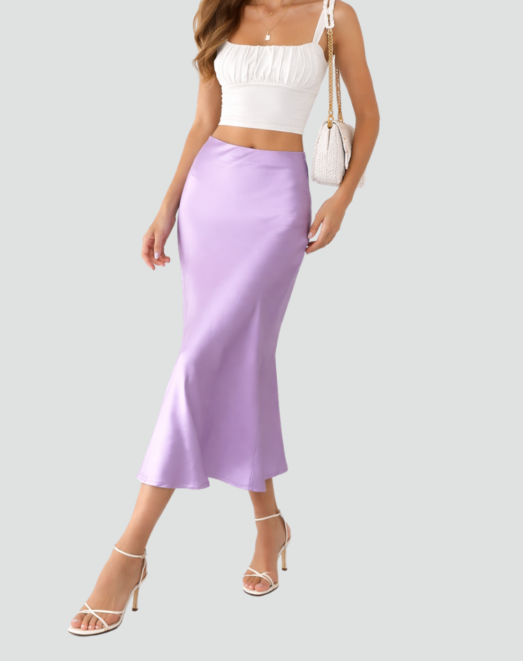 Satin Midi Skirt High Waist Pleated for women
