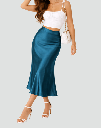Satin Midi Skirt High Waist Pleated for women