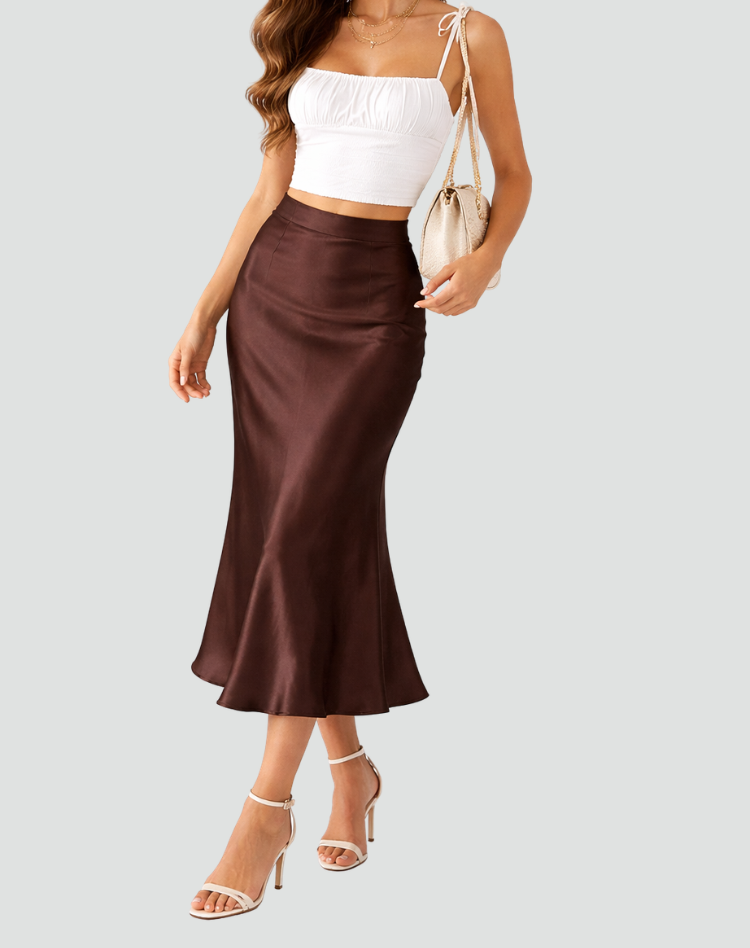 Satin Midi Skirt High Waist Pleated for women