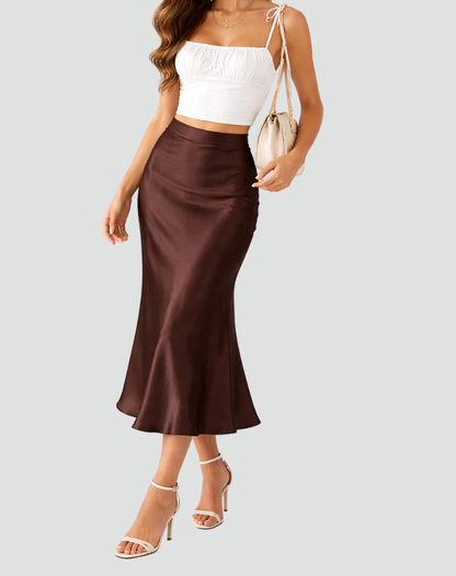 Satin Midi Skirt High Waist Pleated for women
