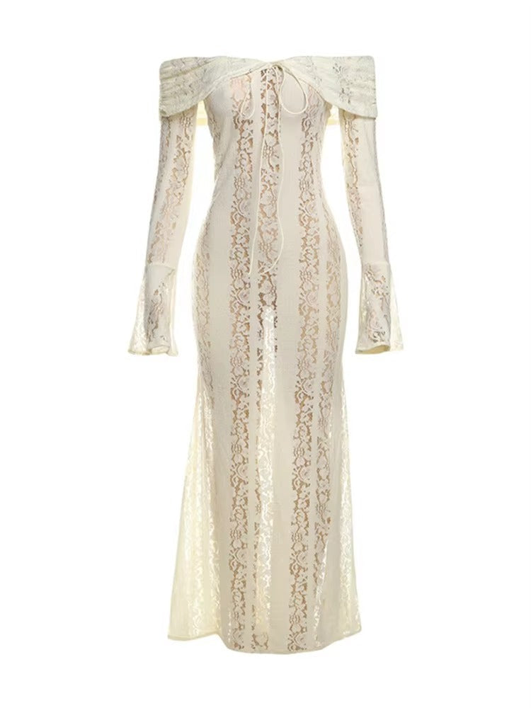 Lace Fitted Full-Length Maxi Dress with Off-Shoulder for Women