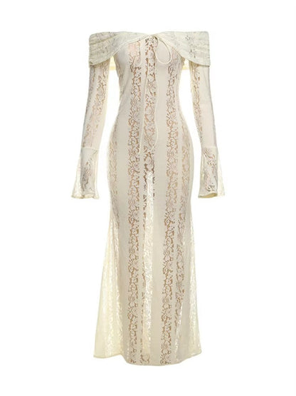 Lace Fitted Full-Length Maxi Dress with Off-Shoulder for Women